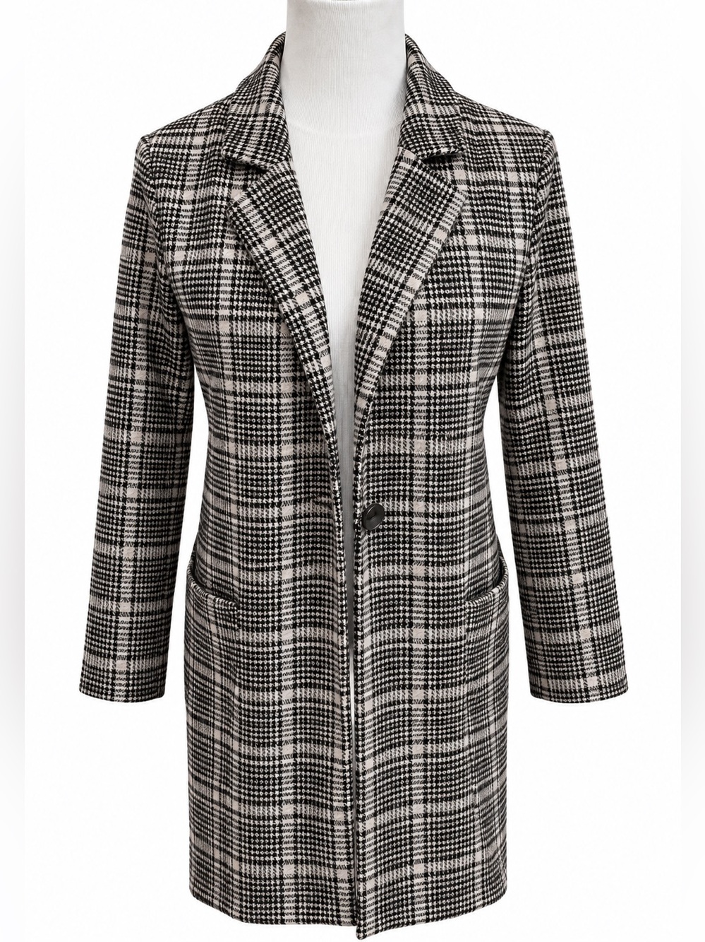 Philosophy Black & White Plaid Long Trench Coat